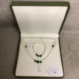 A freshwater pearl jewellery suite, set with jade beads in original box