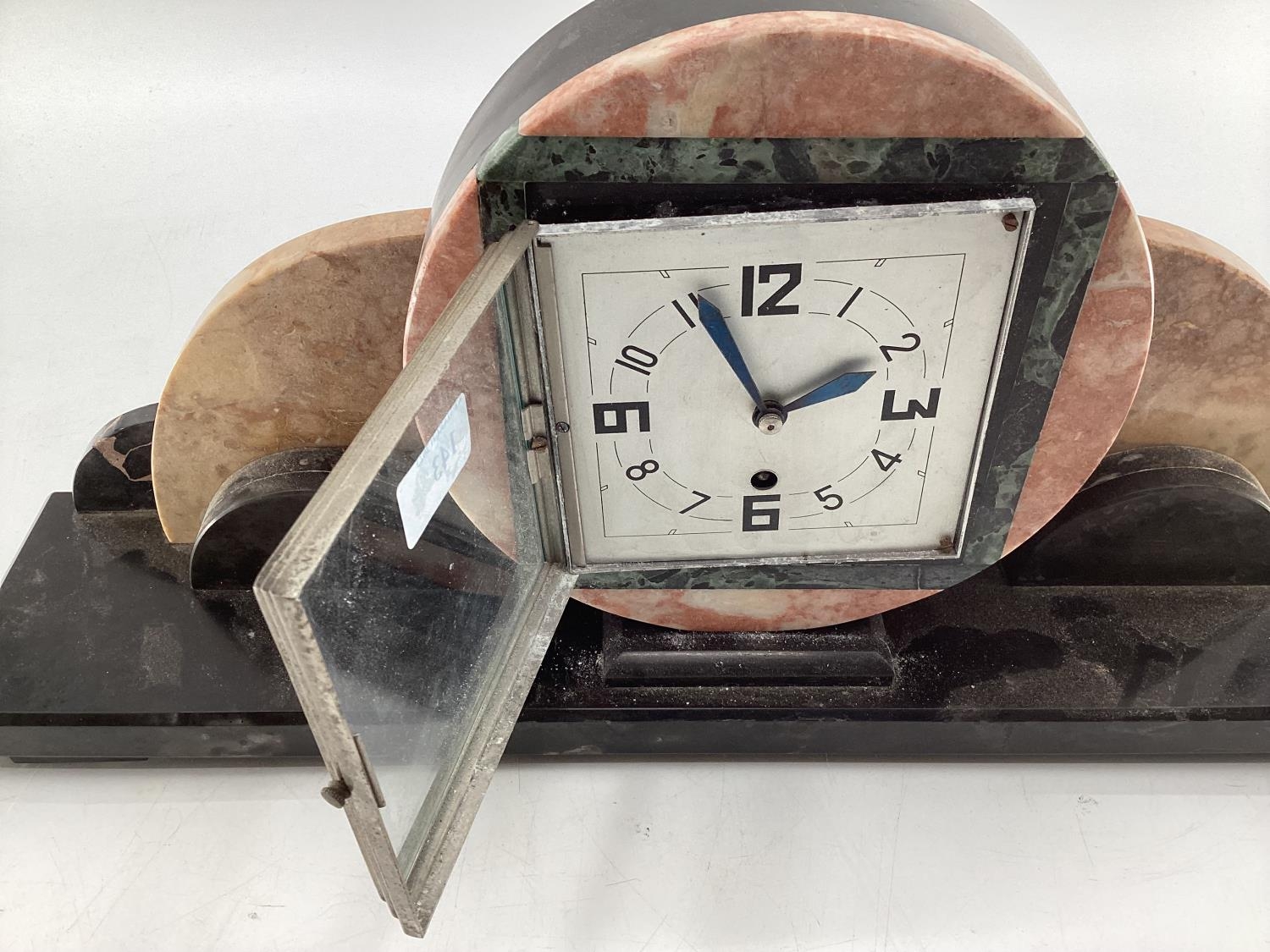 An Art Deco marble mantle clock and garniture Width 60, Height 40 and Depth 13 cm Clock Height 18 - Image 5 of 12