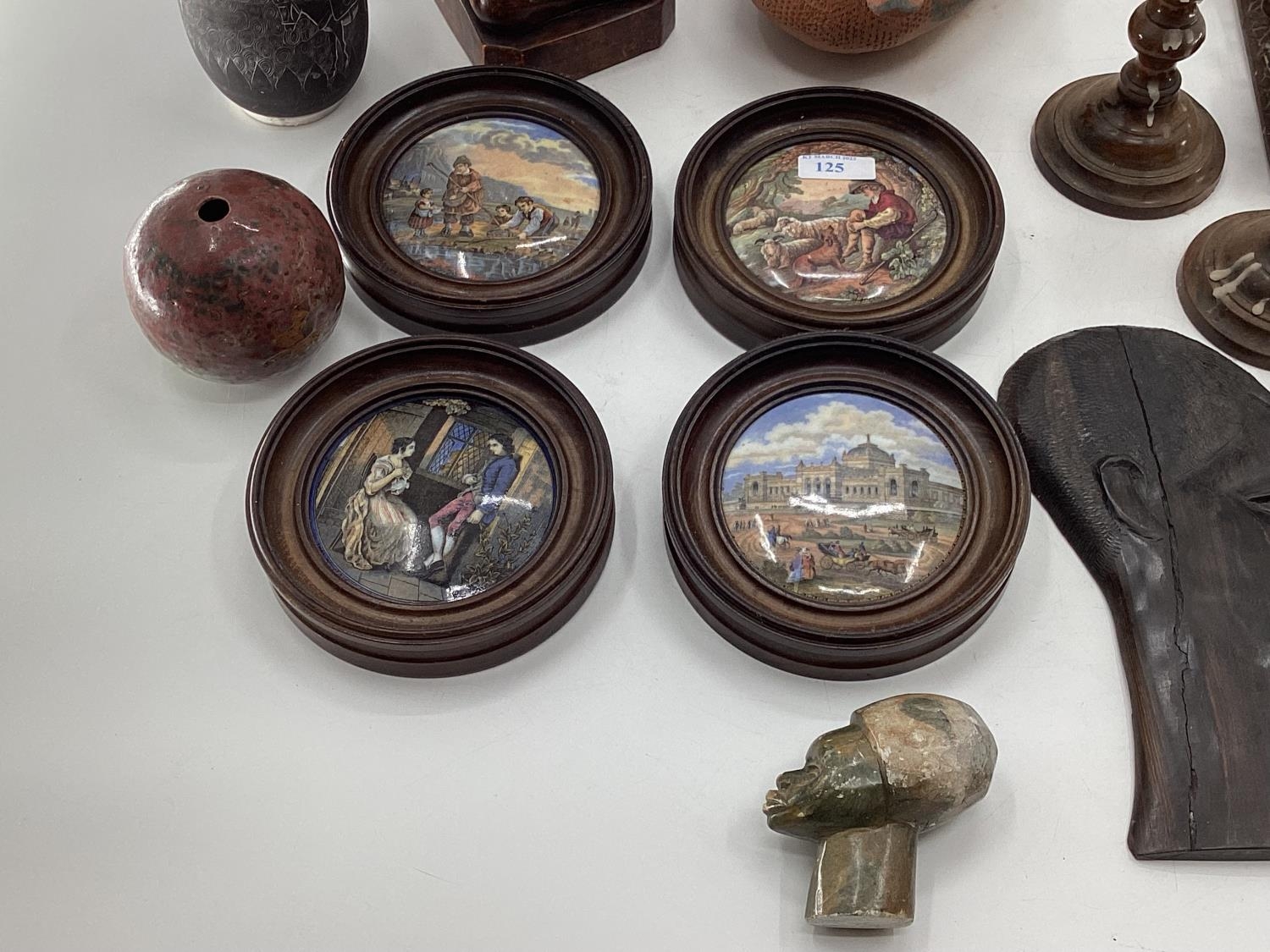 A misc collection of items to include framed Pot Lids, West African hardwood items and C20th - Image 4 of 7