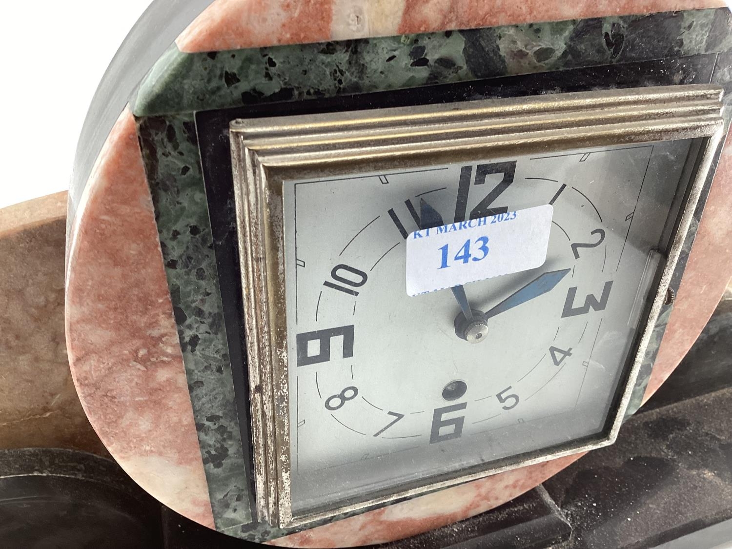 An Art Deco marble mantle clock and garniture Width 60, Height 40 and Depth 13 cm Clock Height 18 - Image 11 of 12