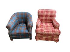 A Howard and Co upholstered armchair in red cheque fabric