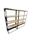 Two industrial style rustic metal shelving units, with washed/limed oak effect shelves. 145cm W x