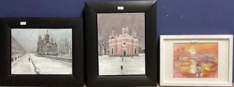 Pair of Russian snowy street scenes, each monogrammed KR lower right, together with an oil on