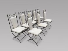 A Set of Eight Steel and Cream Chairs with ball and twisted rope stretchers� Height Back 110 cm ,