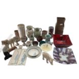 A collection of studio pottery together with carved marble items to include Bernard Rouke