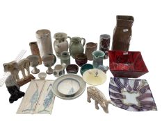 A collection of studio pottery together with carved marble items to include Bernard Rouke