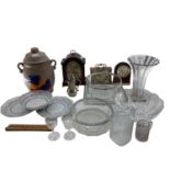 A miscellaneous collecting of items to include glassware, a rumtopf lidded jar, mantle clocks and