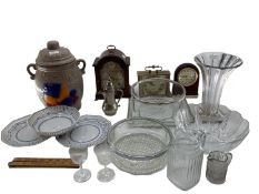 A miscellaneous collecting of items to include glassware, a rumtopf lidded jar, mantle clocks and