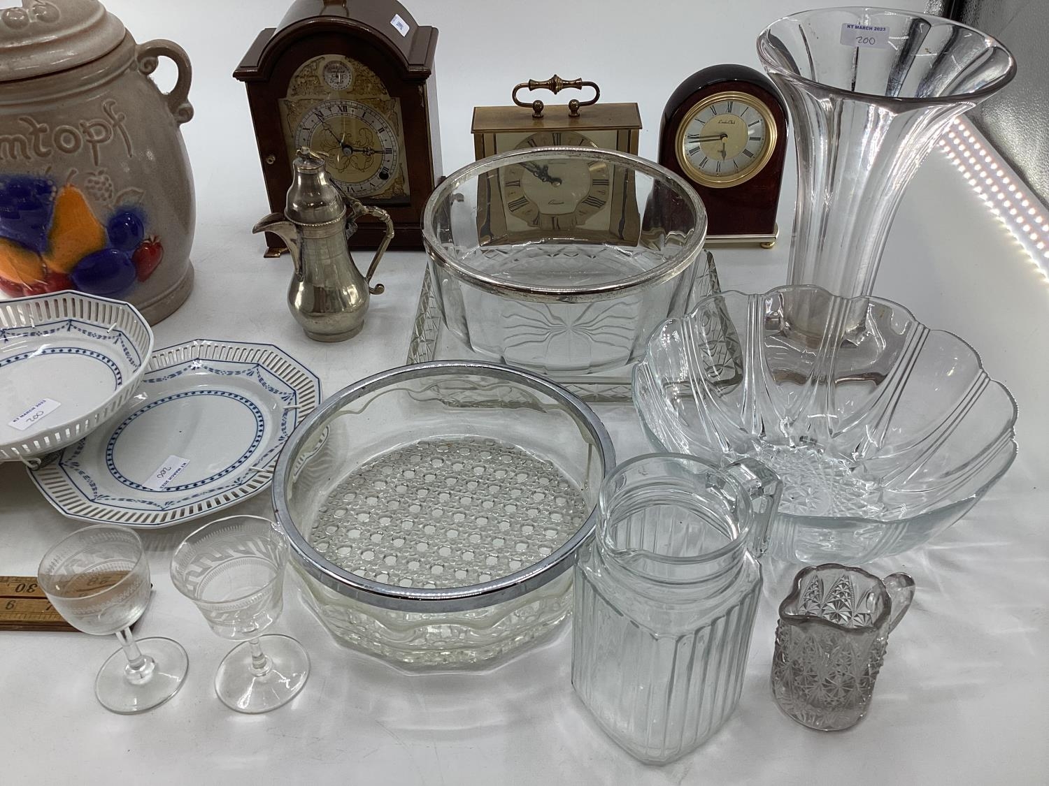 A miscellaneous collecting of items to include glassware, a rumtopf lidded jar, mantle clocks and - Image 3 of 7