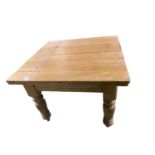 Square pine table with chunky baluster legs, with extending undershelf, as found