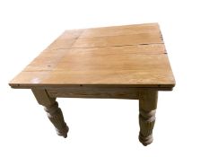 Square pine table with chunky baluster legs, with extending undershelf, as found