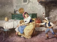 Leonardo Morello 19th/20th Italian School watercolour On Canvas - 'At Play' Children and Mother