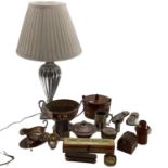 A mixed collection of items to include silver plated items, a small coopered lidded bowl,