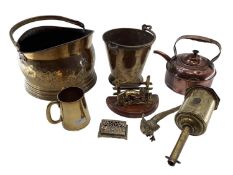 A collection of metalware to include copper kettle, brass bucket and other items