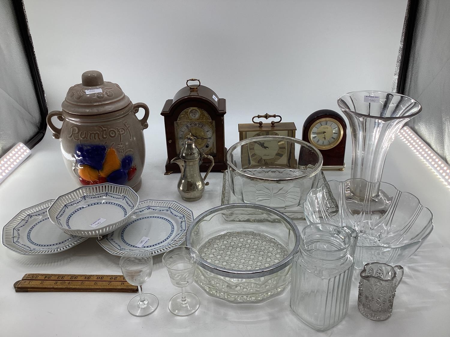A miscellaneous collecting of items to include glassware, a rumtopf lidded jar, mantle clocks and - Image 2 of 7