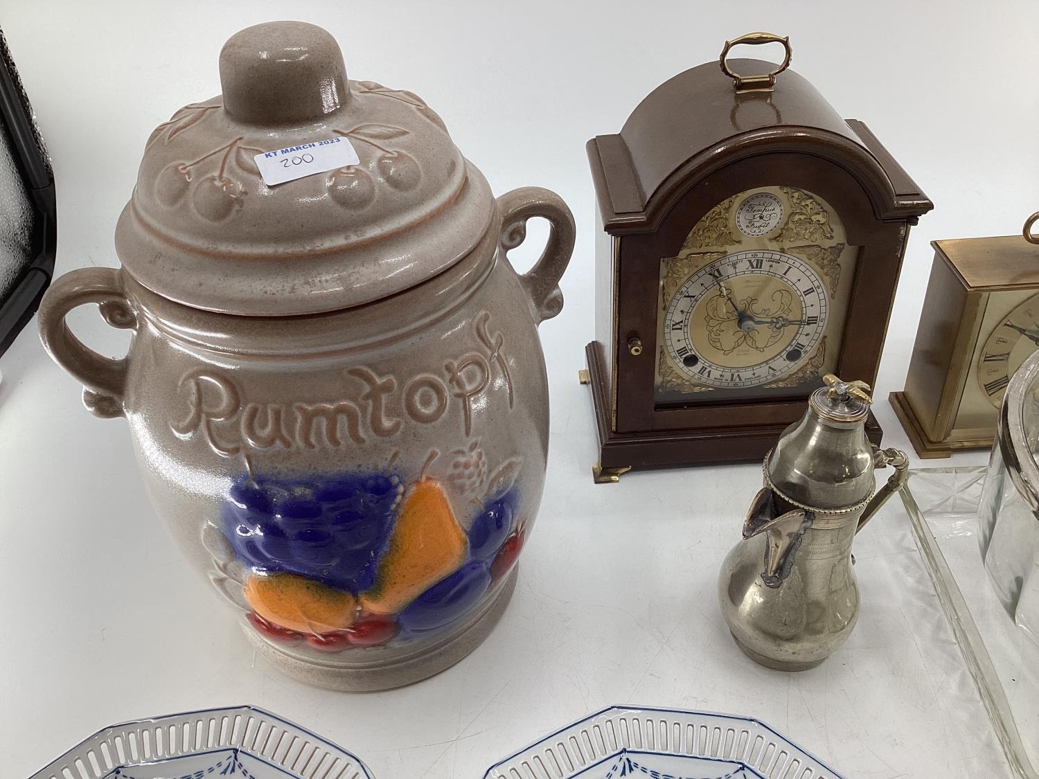 A miscellaneous collecting of items to include glassware, a rumtopf lidded jar, mantle clocks and - Image 6 of 7