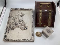 Wooden coal scuttle, with brass handle and hinges, and a picture as a relief of a stags head