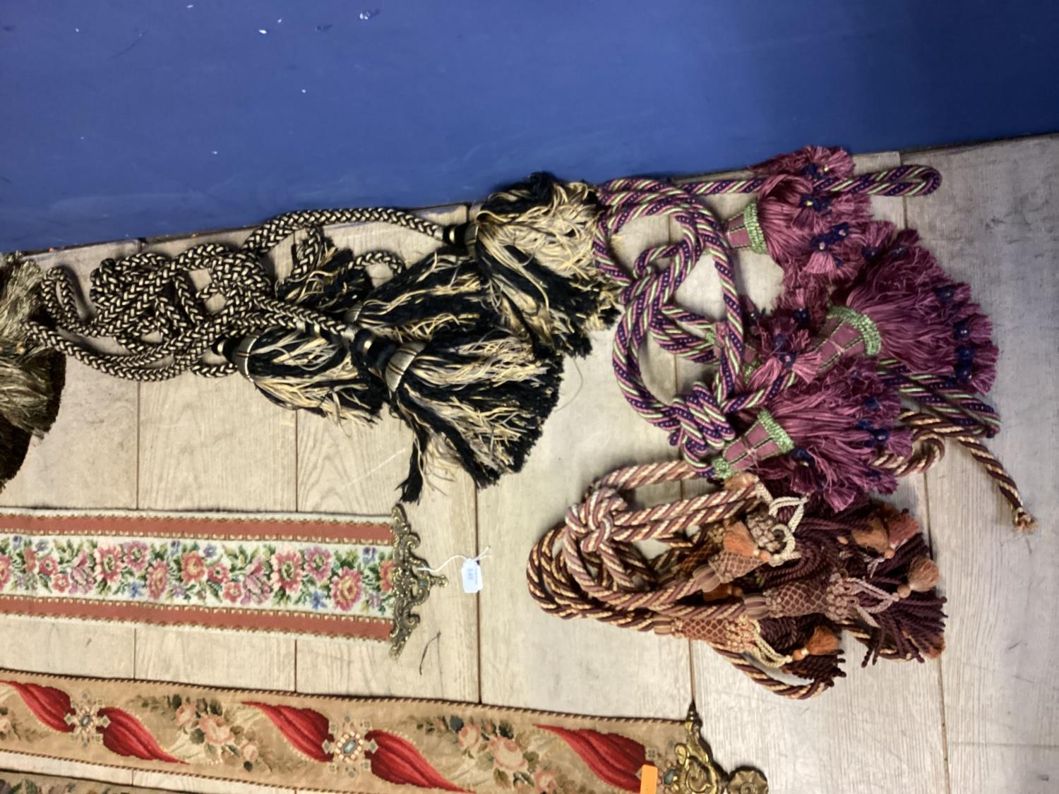 A quantity of rope and tassle curtain tie backs and five Victorian gilt metal mounted tapestry - Image 7 of 13