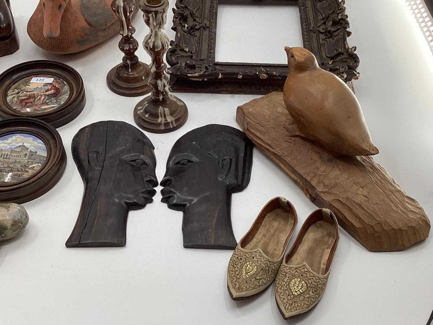 A misc collection of items to include framed Pot Lids, West African hardwood items and C20th - Image 3 of 7