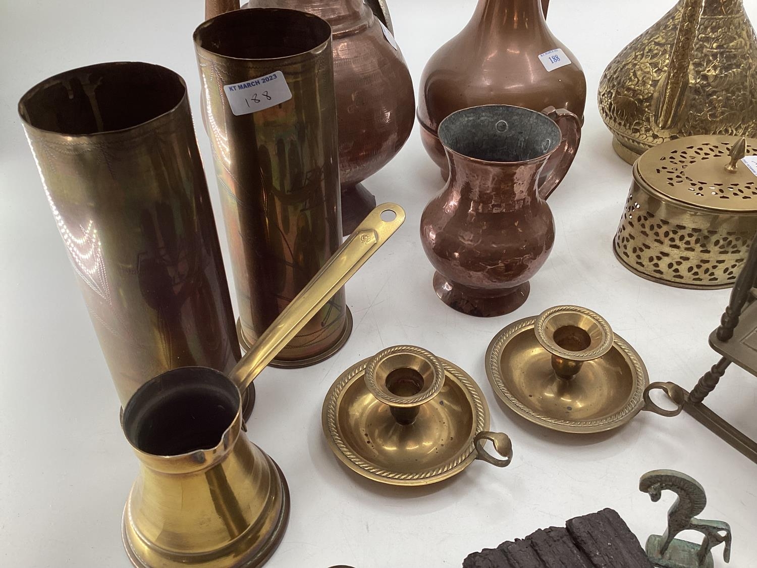 A collection of metalware to include Middle Eastern style ewers, trench art and other items - Image 7 of 15