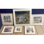 Six various pictures, watercolour and acrylics in glazed and unglazed wooden frames, all signed