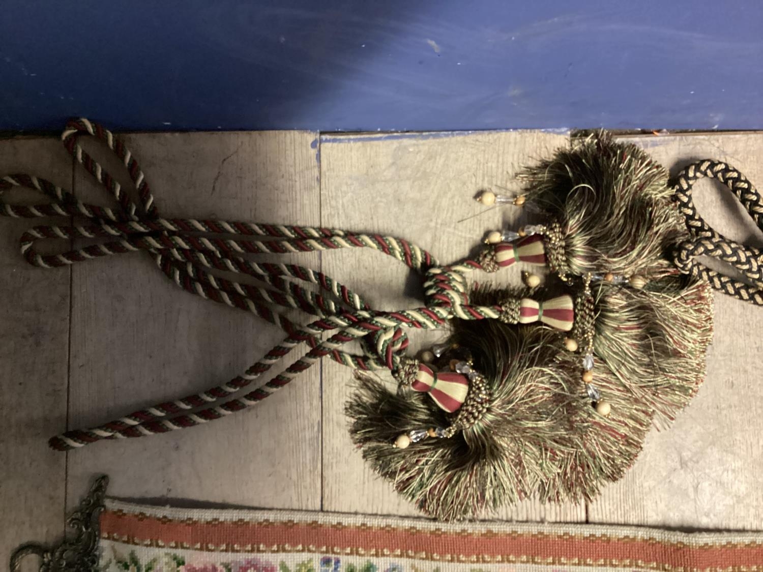 A quantity of rope and tassle curtain tie backs and five Victorian gilt metal mounted tapestry - Image 8 of 13