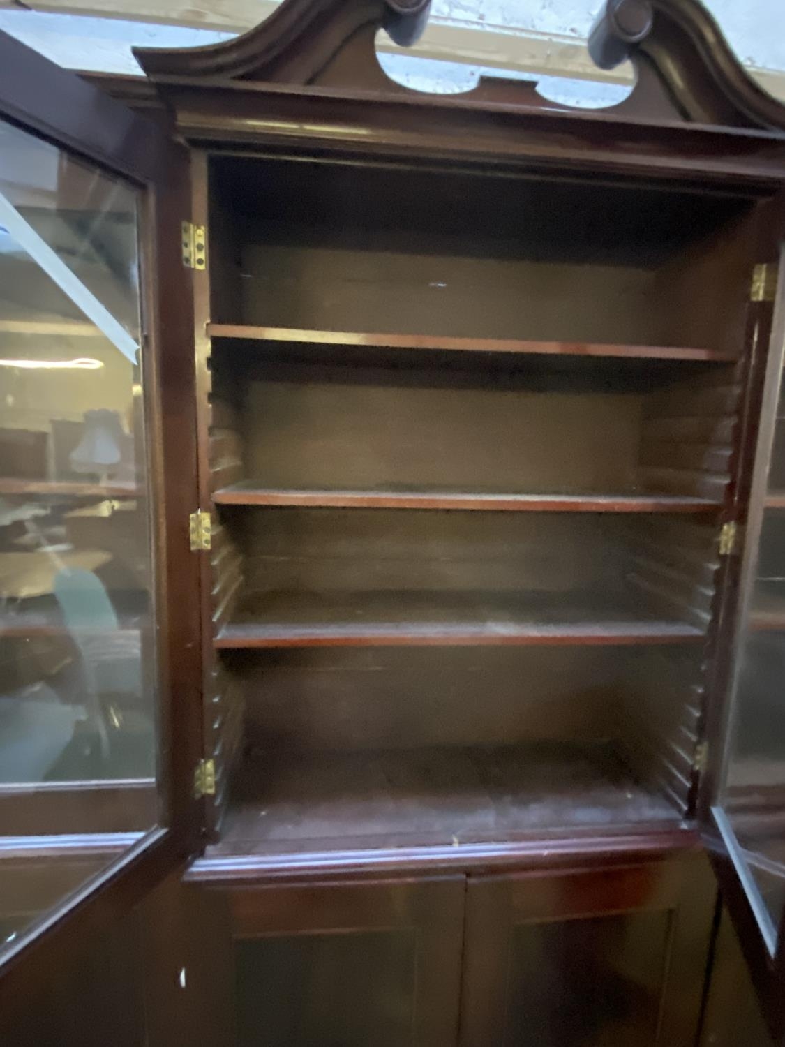 A large late C19th mahogany three sectioned glazed library bookcase, the top with swan neck - Image 2 of 5