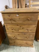 Pine narrow chest of 4 long drawers, 114cmH x 81W