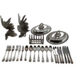 A matched pair of silver plated table ornaments each 28cmH, and other silver plated wares, birds,