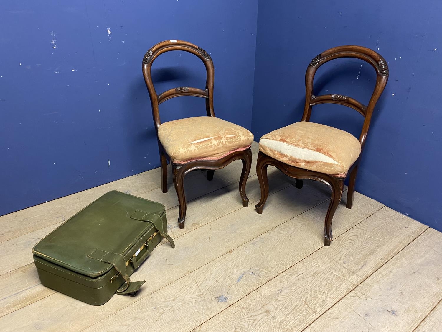 Pair of Mahogany framed chairs with overstuffed seats, for reupholstery, and a vintage Harrods