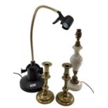 Pair of gilt brass candle sticks and a modern adjustable wall lamp and one other