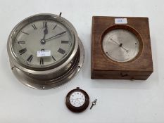 A boxed gilt brass ships barometer in oak case by E J Dent, Paris, and a ships clock and a small