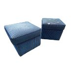 Pair of blue upholstered square foot stools or pouffe's, 43 x 50 x 50cm, some minor wear