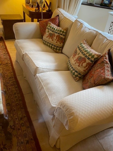 Pair of cream upholstered three seater sofas, 225cmL, with some wear, sold as seen (2 sofas) - Image 4 of 4