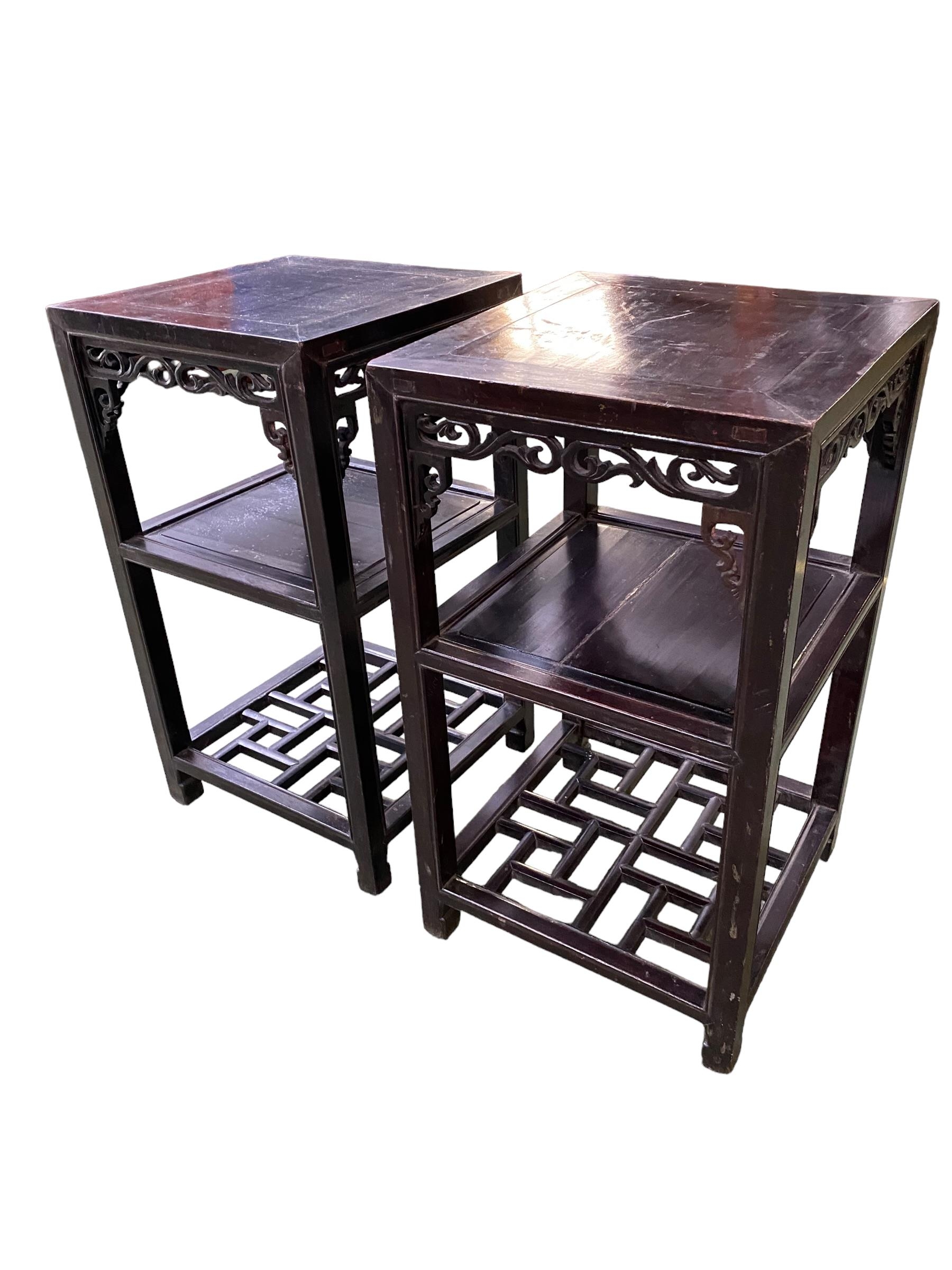 A pair of C19th/C20th Chinese hardwood side tables, carved frieze and fretwork stretcher base, 79