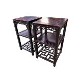 A pair of C19th/C20th Chinese hardwood side tables, carved frieze and fretwork stretcher base, 79