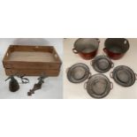 Two wooden potters trays, and a French Bell, and a quantity of enamelled/metal handled pots, with