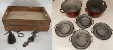 Two wooden potters trays, and a French Bell, and a quantity of enamelled/metal handled pots, with