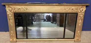 C19th three panelled over mantle mirror, carved rococo frame with ebonised mounts to mirror plates