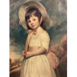 Reproduction oil on canvas, young Victorian Girl, labelled verso 'Miss Willoughby by Romney' in an