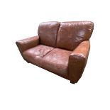 A good brown leather two seater sofa on square wooden feet, 50 x 89 x 92