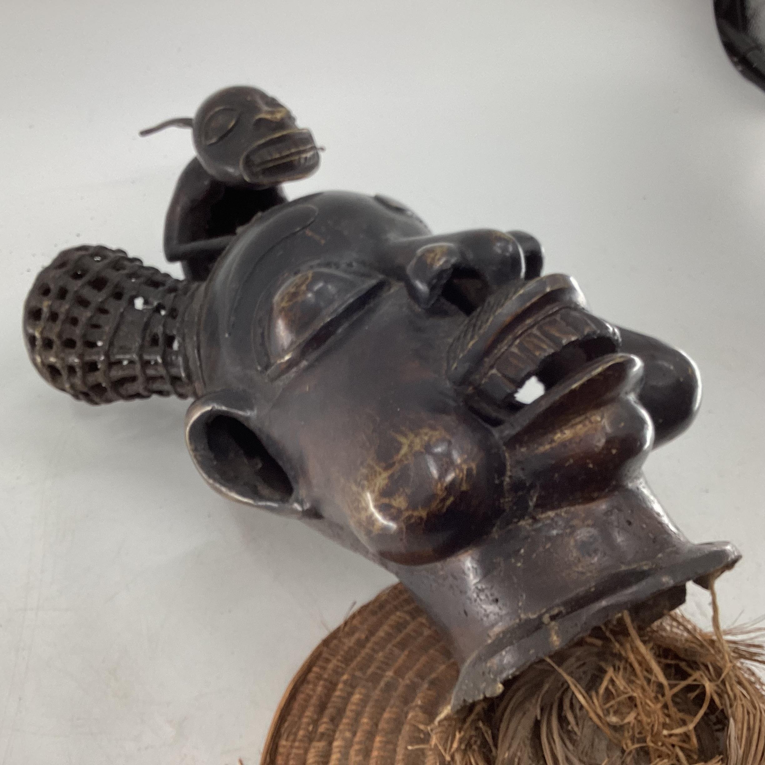 Mid to late C20th West African cast metal item depicting tribal chief topped with mythical - Image 5 of 6