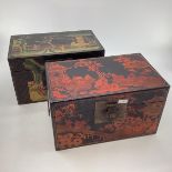 Two small Chinese C19th style lacquer trunks of similar decoration, with brass carrying handles,