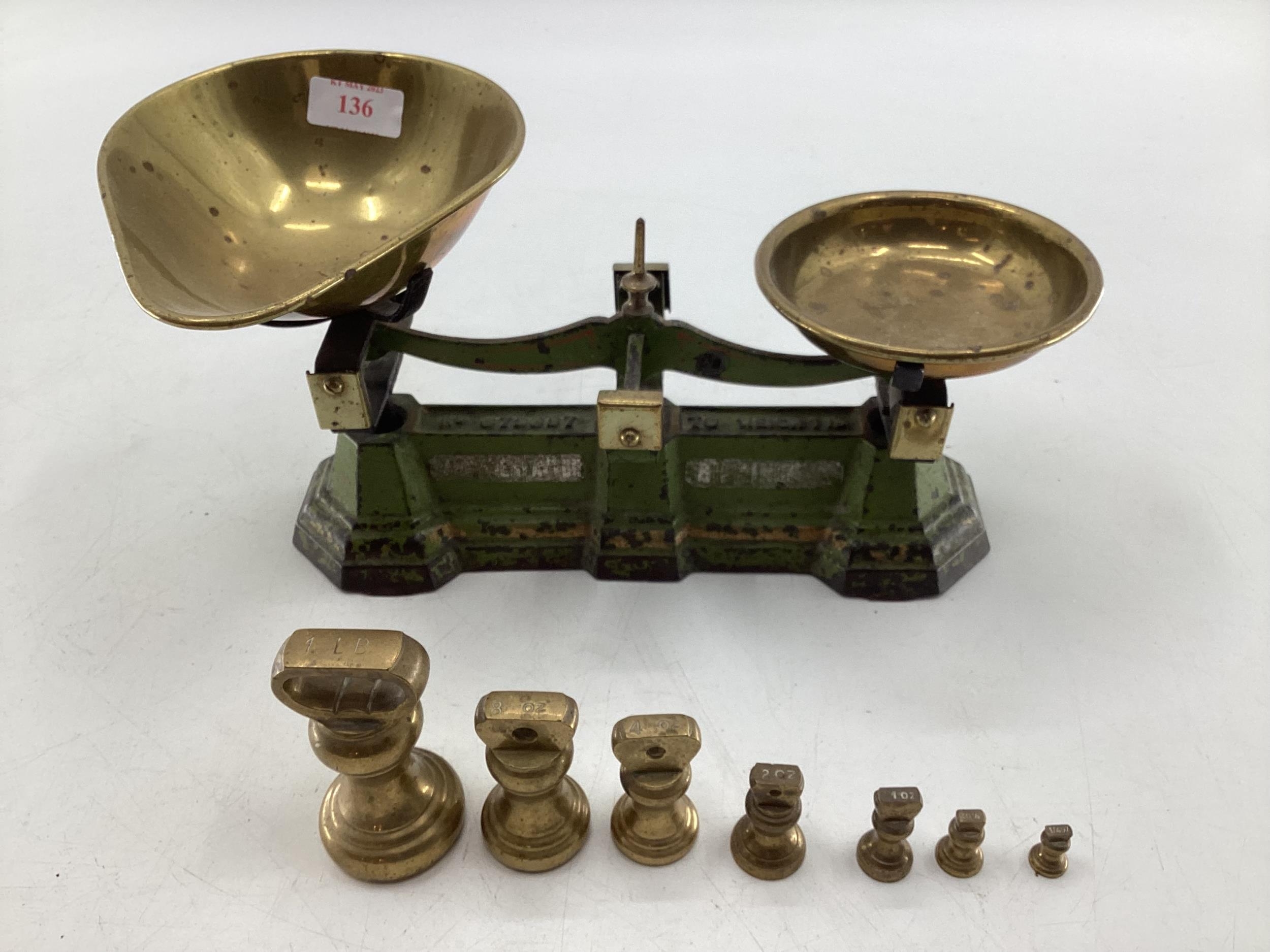 A set of metal scales, brass pans and weights, 30cm W not tested - Image 2 of 3