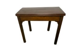 Georgian mahogany fold over card table, with green baize interior , raised on square legs, 81w x