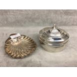 A Sterling silver tea caddy together with a silver scallop dish, 95g