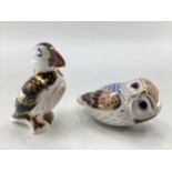 Two Royal Crown Derby ceramic birds (a puffin and an owl)