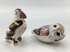 Two Royal Crown Derby ceramic birds (a puffin and an owl)