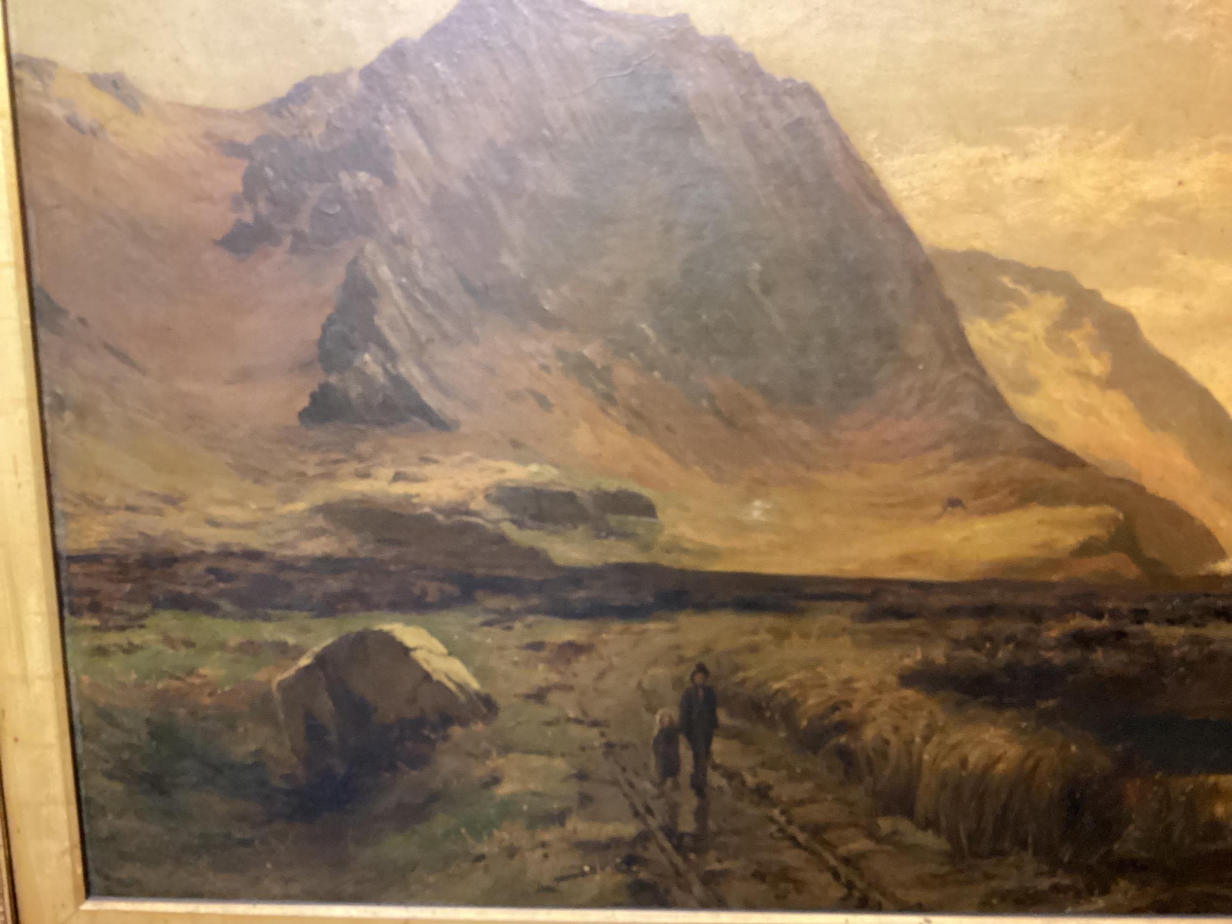 A Scottish School, oil on canvas, two figures walking in a highland scene, in a recessed carved gilt - Image 2 of 7