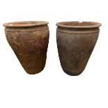 Two tall terracotta pots, 68cmH & 58cmH, with wear and some chips etc